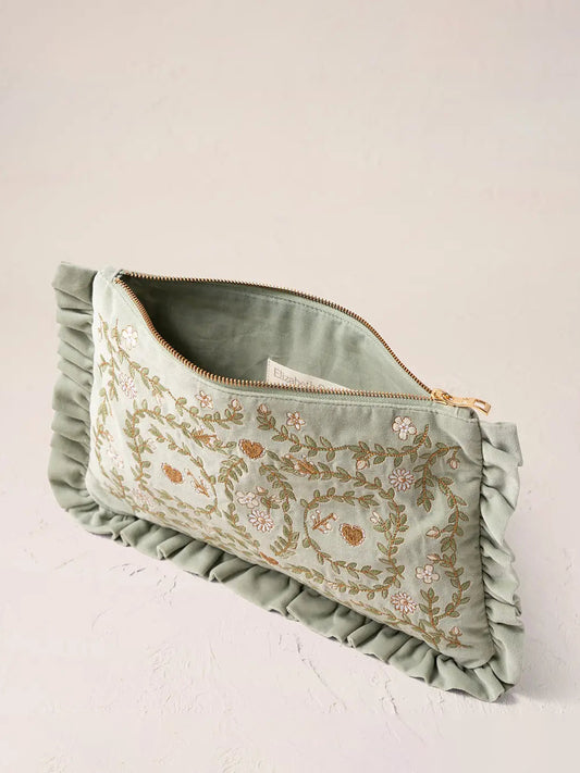 Elizabeth Scarlett Velvet Frill Everyday Pouch - Sage Mediterranean Garden