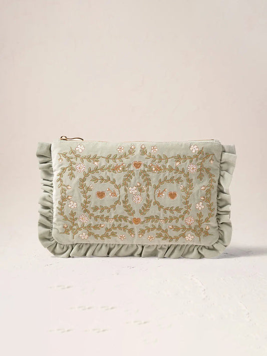 Elizabeth Scarlett Velvet Frill Everyday Pouch - Sage Mediterranean Garden