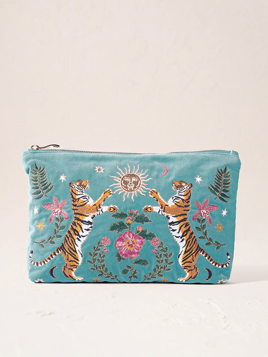 Elizabeth Scarlett Velvet Everyday Pouch - Dusky Teal Celestial Tigers