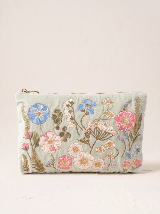 Elizabeth Scarlett Velvet Everyday Pouch - Pressed Flowers Sage