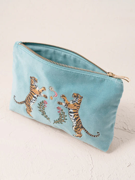Elizabeth Scarlett Velvet Mini Pouch - Dusky Teal Celestial Tigers