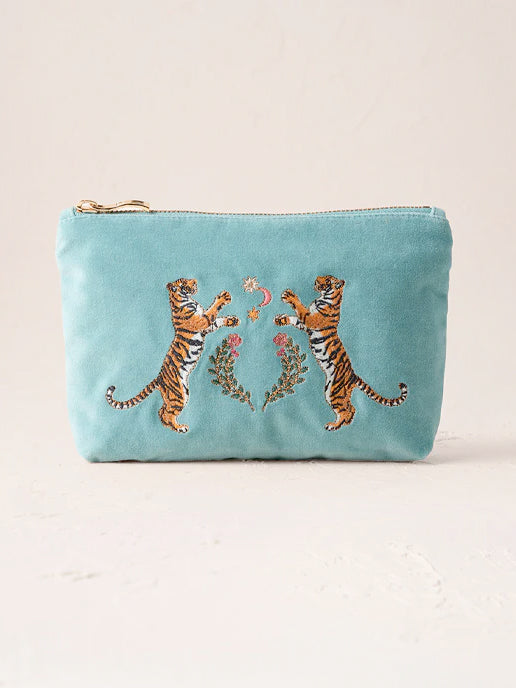 Elizabeth Scarlett Velvet Mini Pouch - Dusky Teal Celestial Tigers