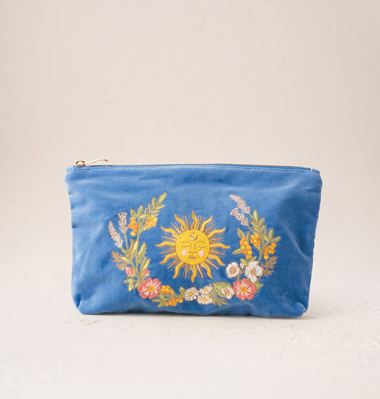 Elizabeth Scarlett Velvet Everyday Pouch - Cornflower Blue Floral Sun Goddess