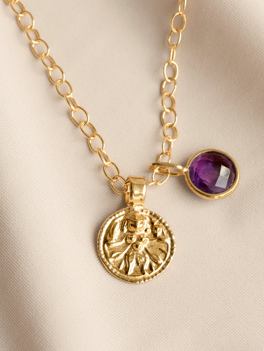 Goddess Charms Shakti Pendant Necklace with Amethyst Power Stone - Gold