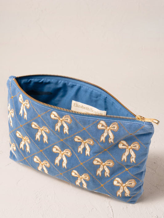 Elizabeth Scarlett Velvet Everyday Pouch - Lattice Bows Dusky Blue