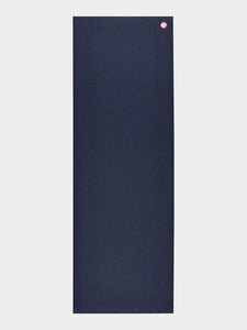 Front view of a textured navy blue yoga mat with visible brand logo in the corner, non-slip exercise mat for fitness and meditation, isolated on white background