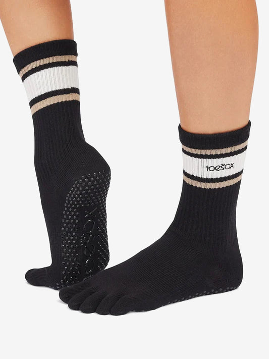 ToeSox Full Toe Crew Grip Socks - Oat Stripe