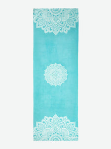 Turquoise yoga mat with white mandala pattern, non-slip texture, front view, fitness and wellness accessory for yoga and pilates.