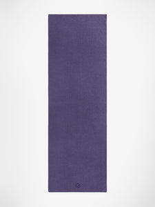 Purple yoga mat front view with visible logo, textured non-slip surface, exercise mat, premium thick fitness mat for yoga.