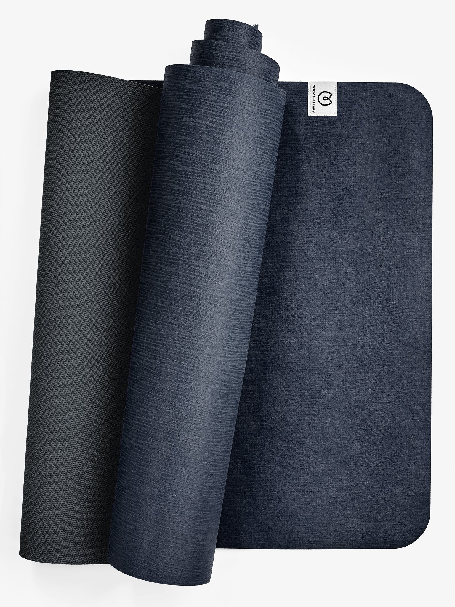 Navy blue textured yoga mat rolled and unrolled front view with visible brand logo for yoga and fitness enthusiasts