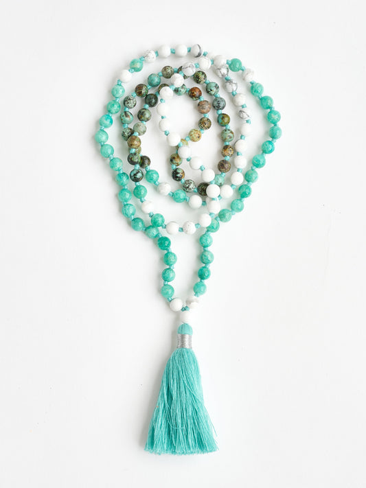 Mala Bead Necklace - African Turquoise & Howlite