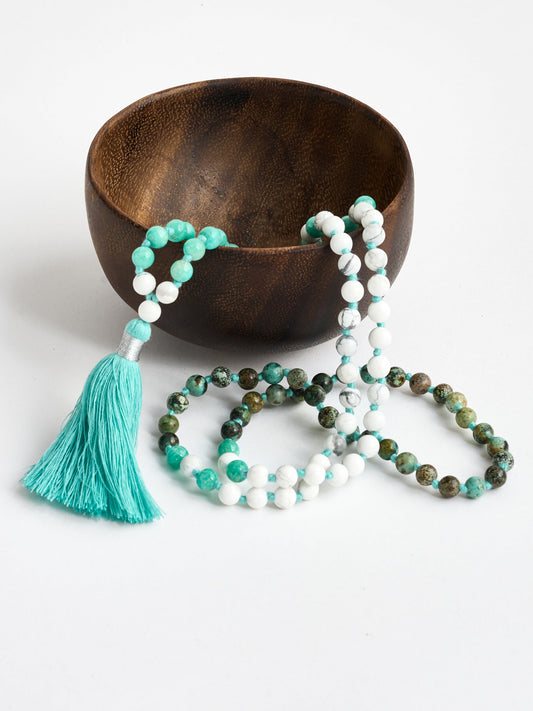 Mala Bead Necklace - African Turquoise & Howlite
