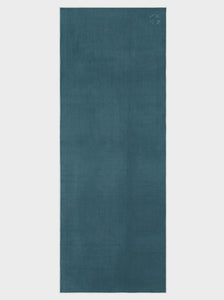 Blue yoga mat front view with textured surface and logo in top corner, eco-friendly non-slip exercise mat.