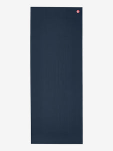 Navy blue yoga mat front view with textured surface and visible logo top right corner