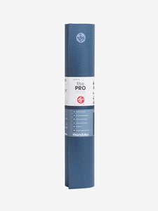 Manduka PRO Yoga Mat in Odyssey Blue with Brand Logo, Durable High-Density Cushioning, Front View