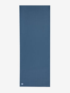 Front view of a blue textured yoga mat with a visible logo on the bottom right corner, non-slip surface, and eco-friendly material for yoga and fitness enthusiasts.