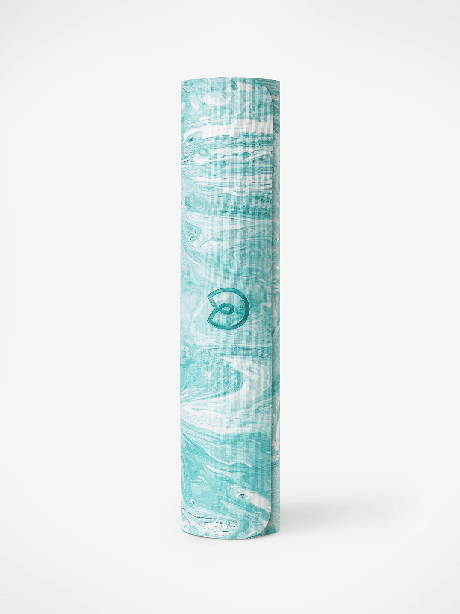 Aqua blue marble-patterned yoga mat rolled up standing against a white background, viewed from the side with visible brand logo.