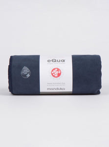 Manduka eQua yoga mat towel in navy blue, front view, sweat-activated grip, ultra plush, super absorbent.