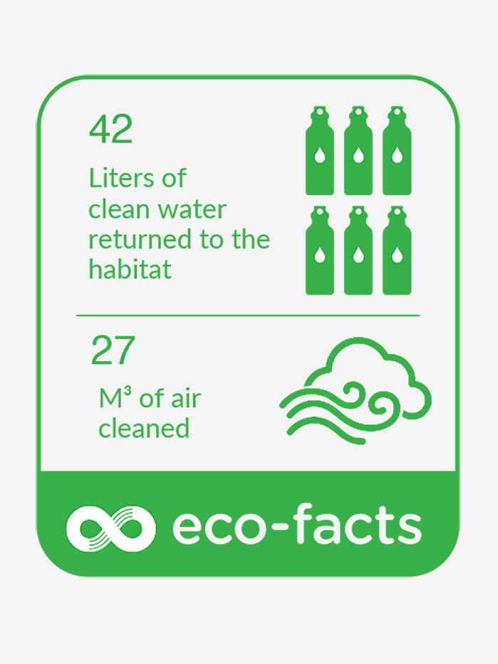 Eco-friendly yoga mat with environmental impact infographic, detailing liters of clean water returned to habitat and cubic meters of air cleaned, green and white design with eco-facts branding.