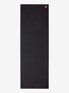 Black textured yoga mat front view with red logo on top right corner, non-slip exercise mat, durable high-density fitness mat for pilates and workout