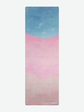 Gradient blue and pink yoga mat front view with sky print and brand logo visible, non-slip texture, thick cushioning for comfortable yoga and exercise practice.