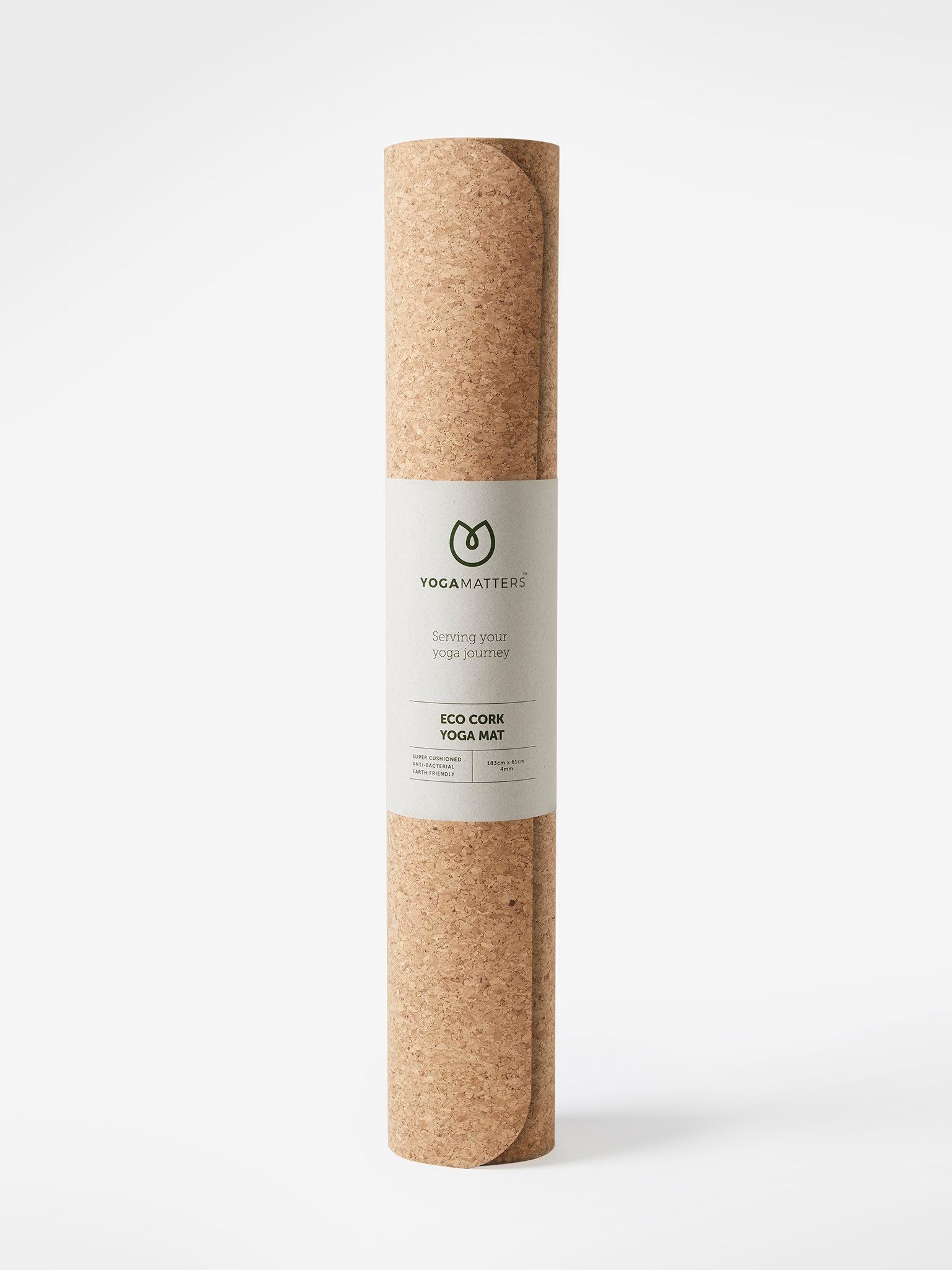 Yogamatters eco cork yoga mat rolled up side view on white background