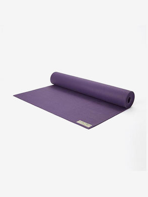 Purple yoga mat partially unrolled with visible brand logo, non-slip texture, exercise equipment, premium quality mat in violet color, studio shot on a white background.