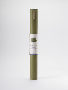 Jade Yoga Voyager olive green yoga mat rolled up, front view on white background, eco-friendly travel yoga mat.