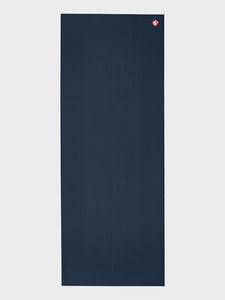 Blue yoga mat front view with textured surface and visible brand logo at the top right corner, non-slip exercise mat for fitness and meditation.