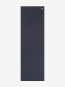Navy blue yoga mat with textured surface and small logo in top corner, non-slip grip, professional quality, fitness accessory, front view on white background