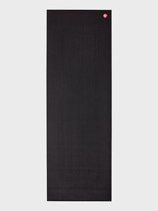 Black textured yoga mat with red logo front view, non-slip surface, high grip performance yoga mat.