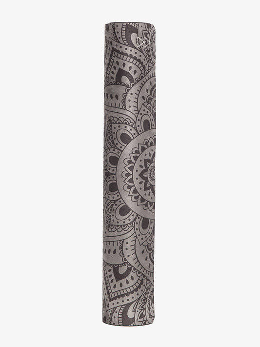 rolled-up gray yoga mat with intricate mandala pattern, non-slip textured surface, side view, fitness and exercise accessory