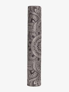 rolled-up gray yoga mat with intricate mandala pattern, non-slip textured surface, side view, fitness and exercise accessory