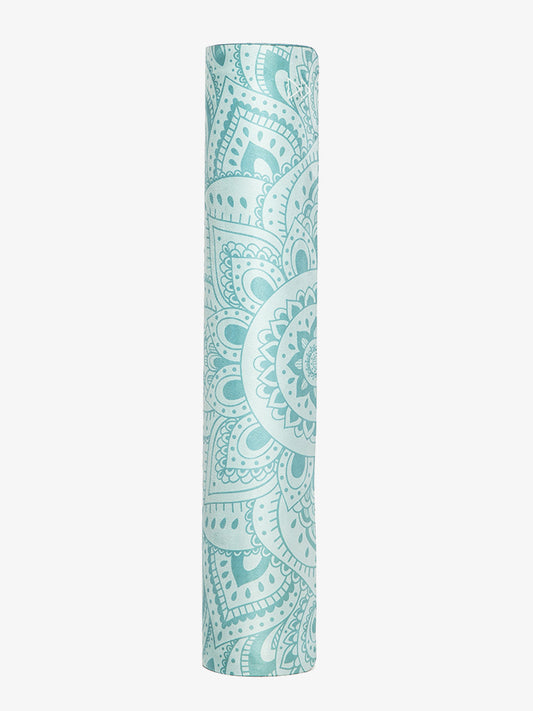 Aqua blue patterned yoga mat rolled up, side view, non-slip textured exercise mat with mandala design for yoga and fitness routines
