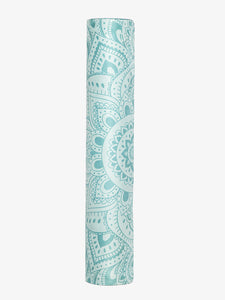 Aqua blue patterned yoga mat rolled up, side view, non-slip textured exercise mat with mandala design for yoga and fitness routines