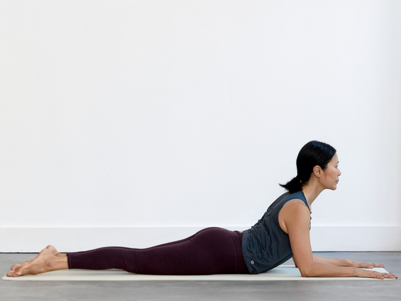 Person practising Sphinx Pose (Salamba Bhujangasana), lying on their front with forearms grounded and chest gently lifted.