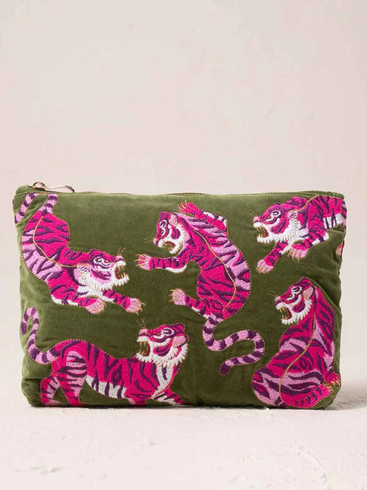 Elizabeth Scarlett Velvet Everyday Pouch - Fern Green Wild Tiger