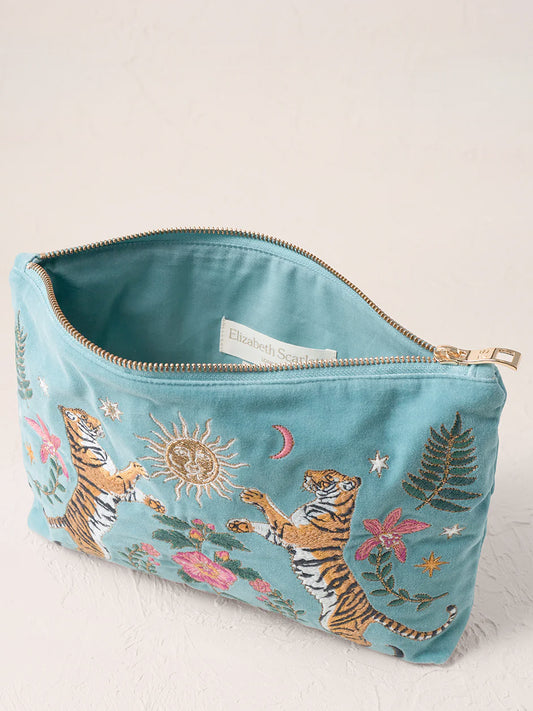 Elizabeth Scarlett Velvet Everyday Pouch - Dusky Teal Celestial Tigers