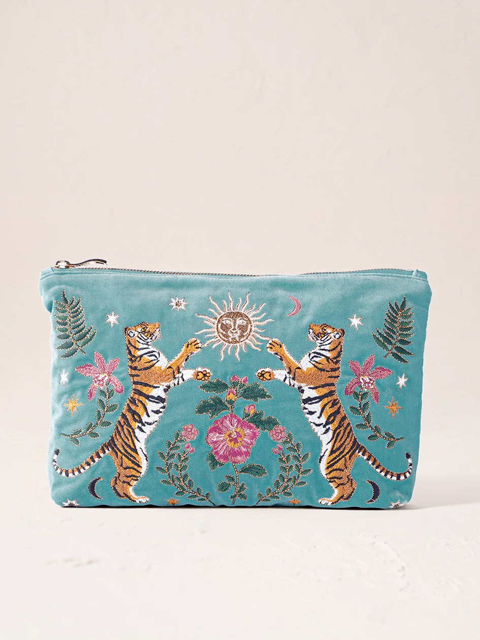 Elizabeth Scarlett Velvet Everyday Pouch - Dusky Teal Celestial Tigers