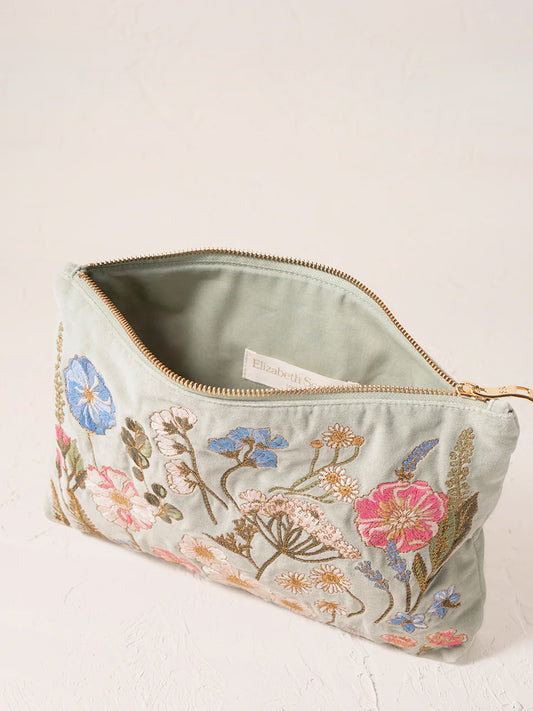 Elizabeth Scarlett Velvet Everyday Pouch - Pressed Flowers Sage
