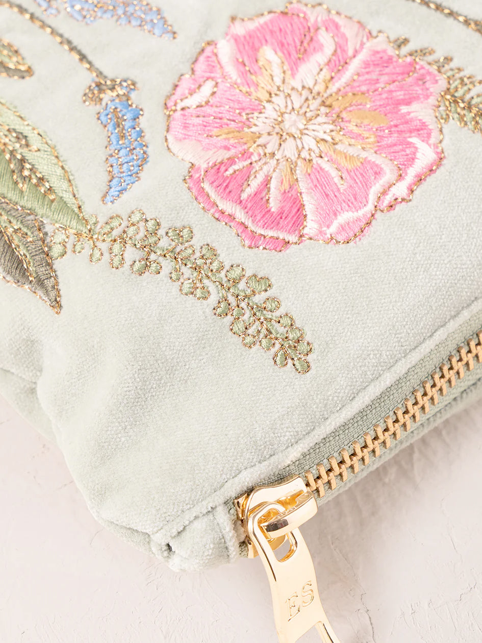 Elizabeth Scarlett Velvet Everyday Pouch - Pressed Flowers Sage