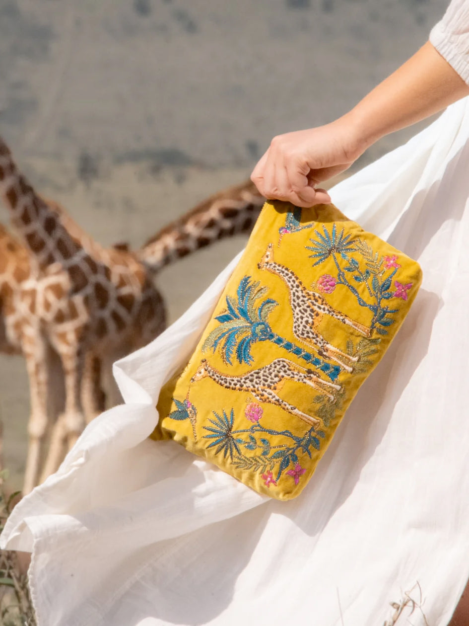 Elizabeth Scarlett Velvet Everyday Pouch - Wild Giraffe Palm