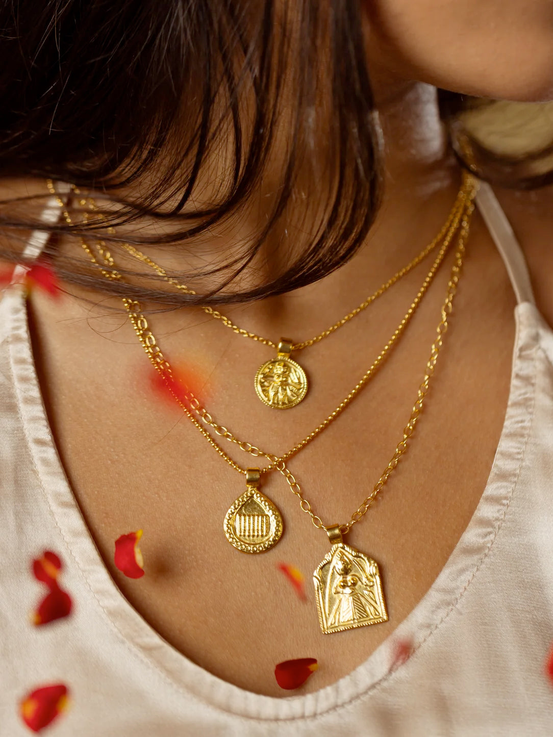 Goddess Charms Sisterhood Pendant Necklace with Rose Quartz Power Stone - Gold
