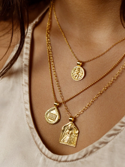 Goddess Charms Shakti Pendant Necklace with Amethyst Power Stone - Gold