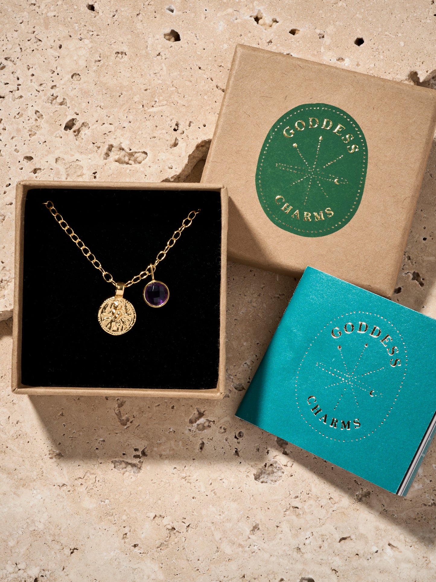 Goddess Charms Shakti Pendant Necklace with Amethyst Power Stone - Gold