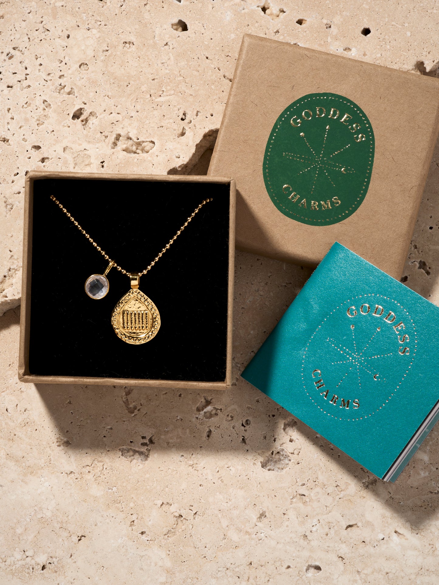 Goddess Charms Sisterhood Pendant Necklace with Rose Quartz Power Stone - Gold