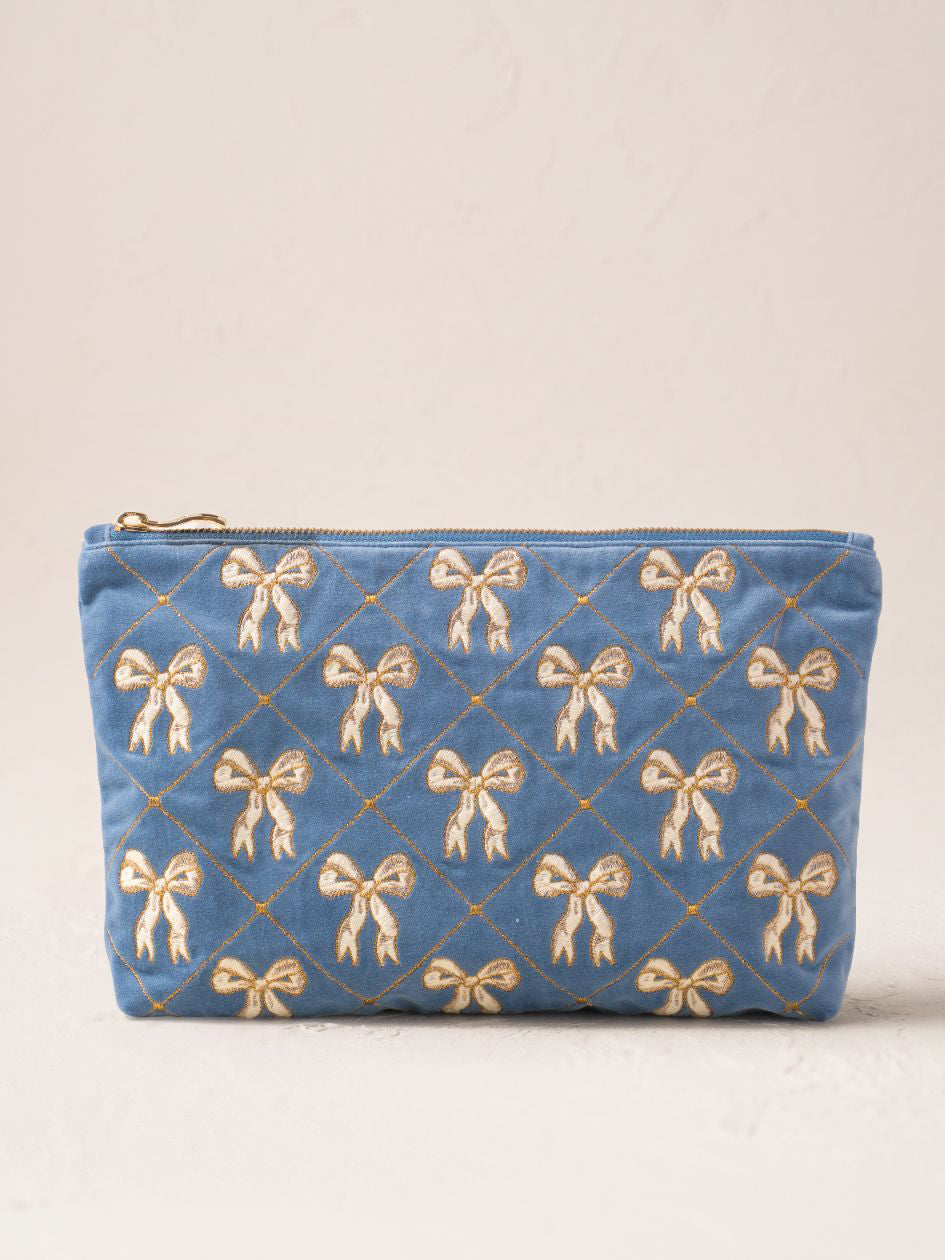 Elizabeth Scarlett Velvet Everyday Pouch - Lattice Bows Dusky Blue