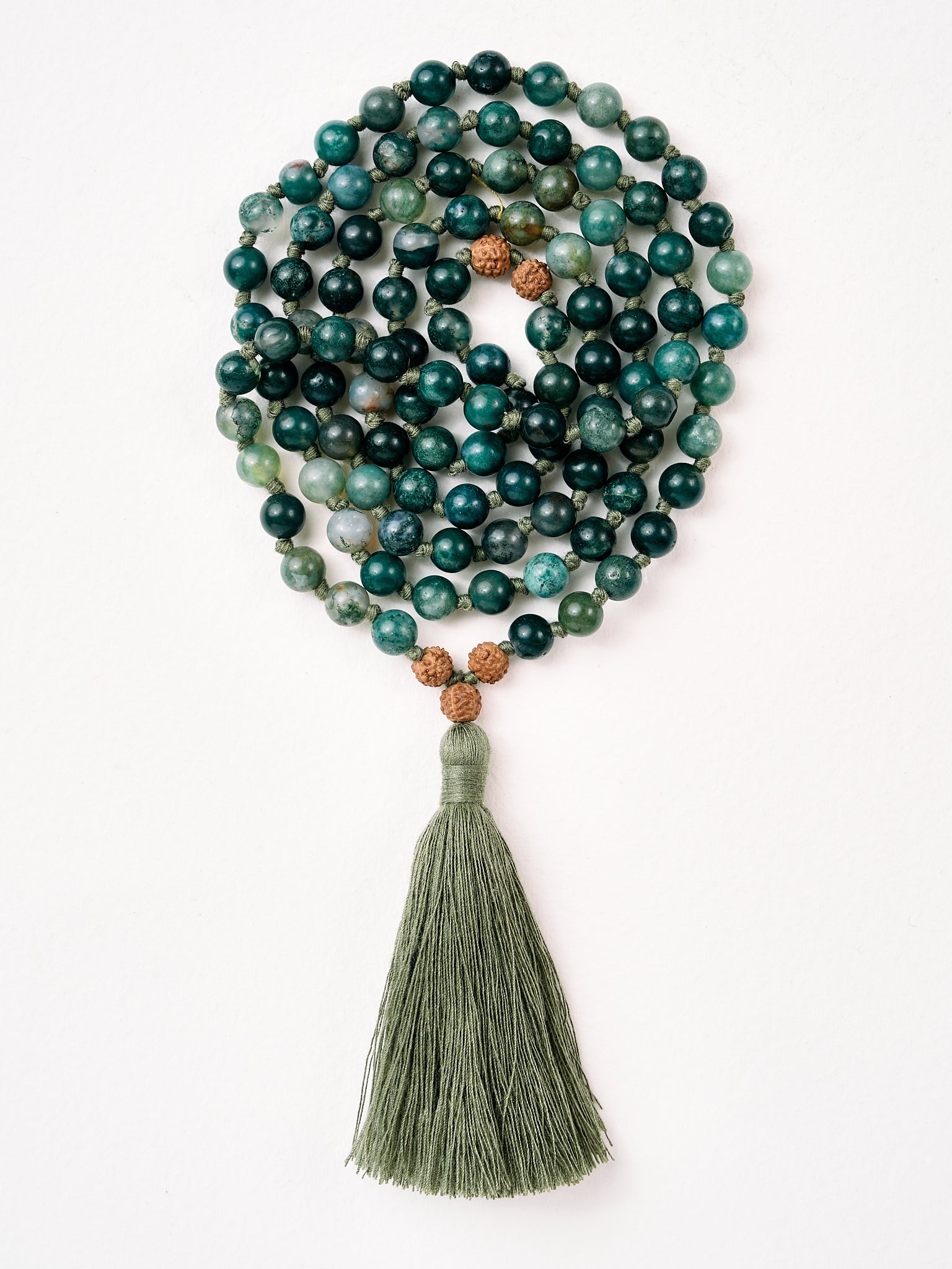 Mala Bead Necklace - Green Moss Agate