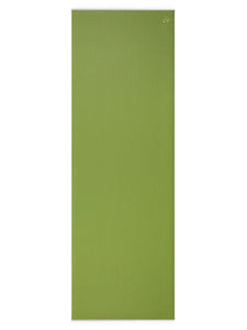 Green textured yoga mat front view for exercise and meditation with visible brand logo at the top right corner