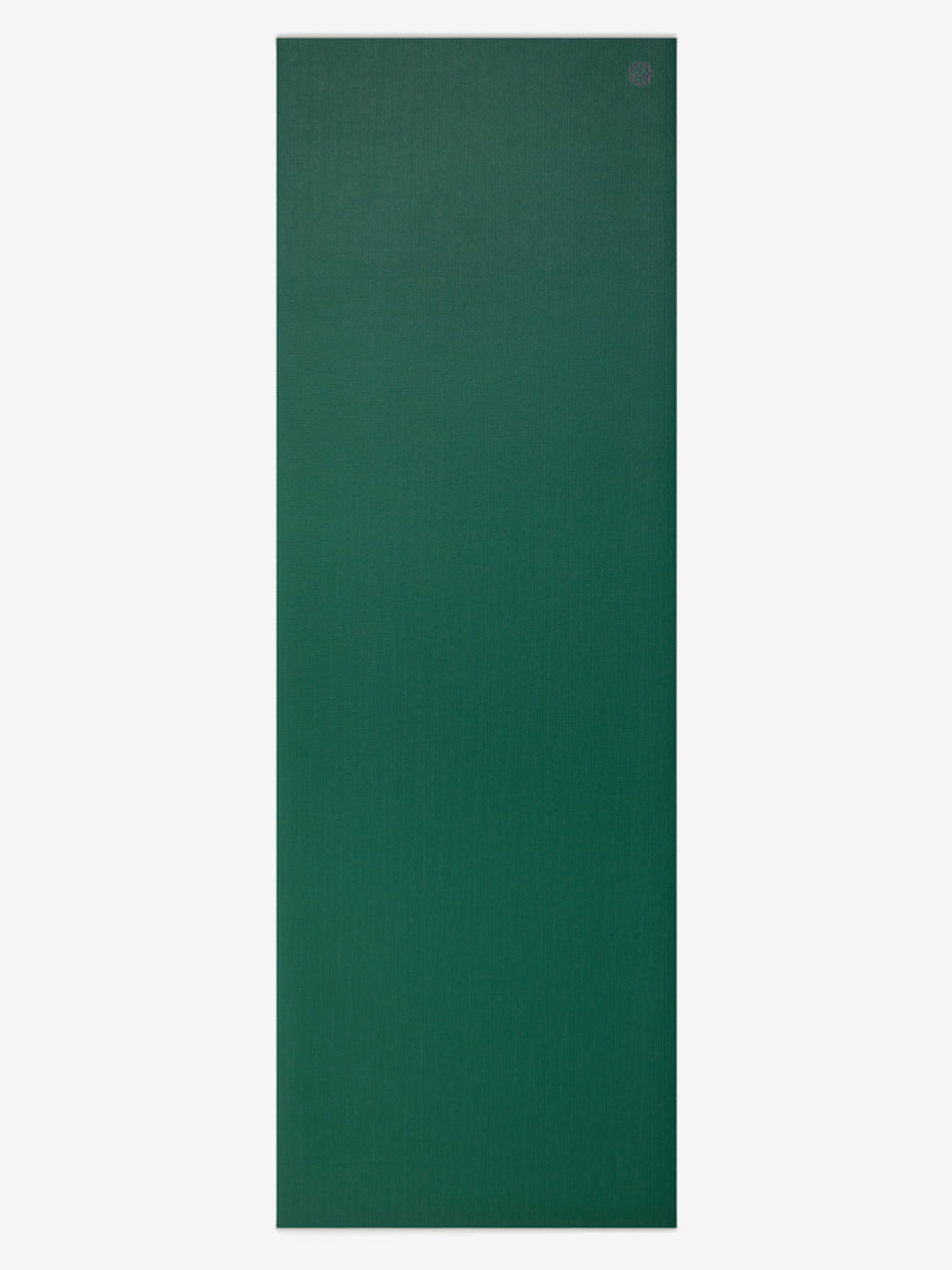 Green textured yoga mat with a visible logo in the top-right corner, full-length front view, non-slip professional yoga equipment.